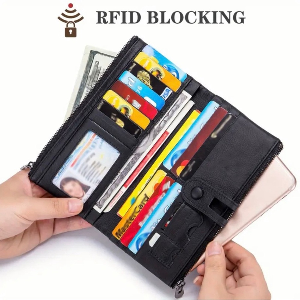 Burgundy Red Genuine Leather RFID Blocking Long Clutch Wallet Organizer - Picture 3 of 5
